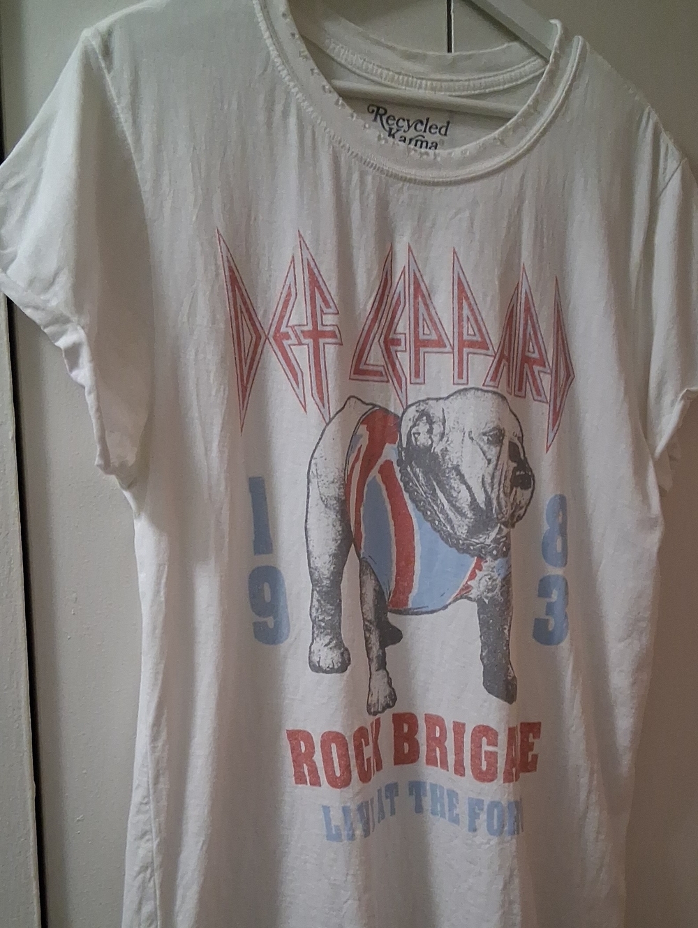 Def Leppard Recycled Karma White Tee with Red & Blue Bulldog Graphic- Large